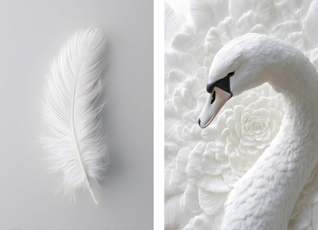 Pena branca e cisne — design completo