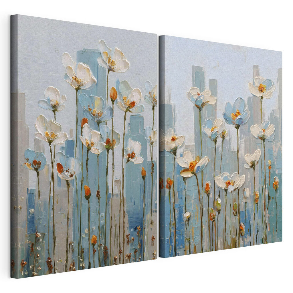 Flores diante de azul, tela esticada e borda contínua