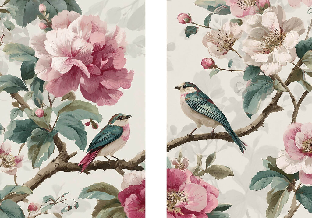 Pássaros entre flores rosa — design completo