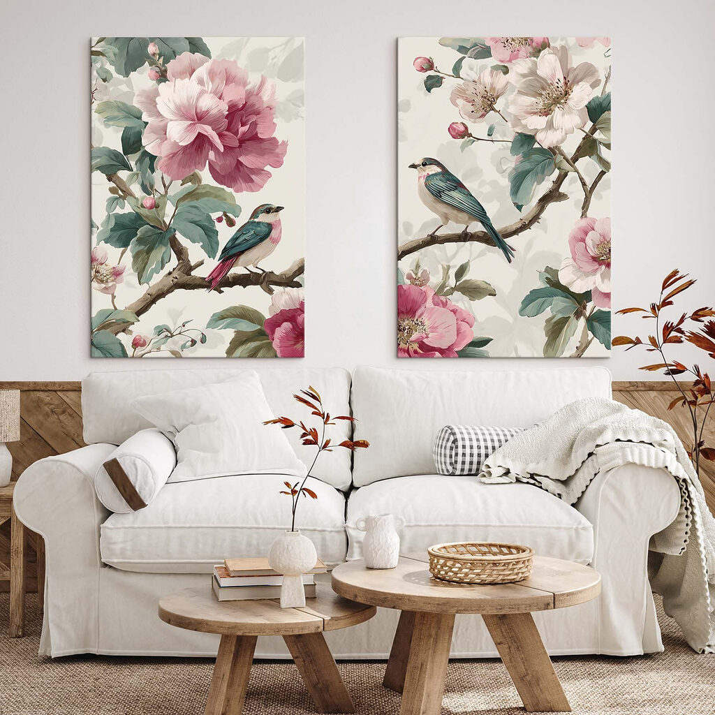 Pássaros entre flores rosa — interior 2