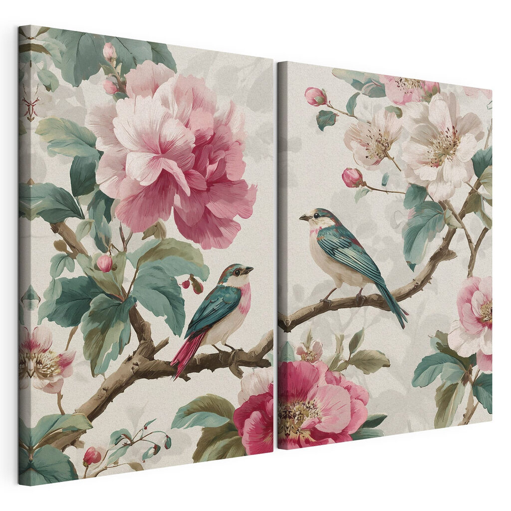 Pássaros entre flores rosa, tela esticada e borda contínua