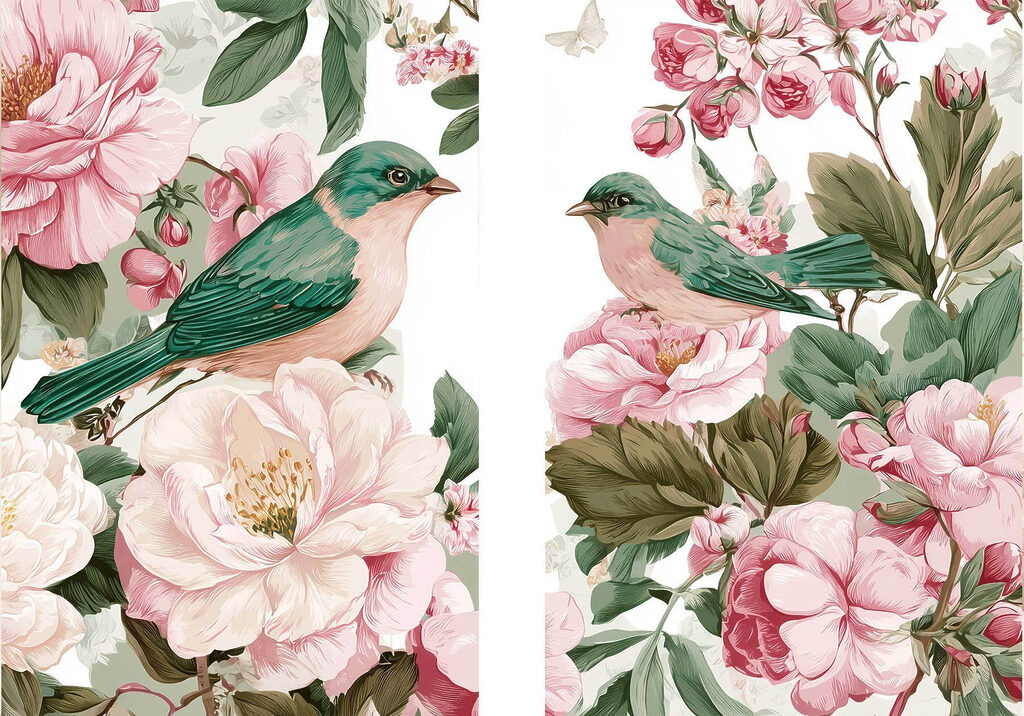 Dois pássaros numa flor — design completo