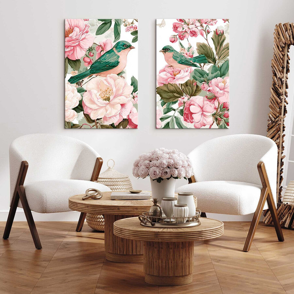 Dois pássaros numa flor — interior 1