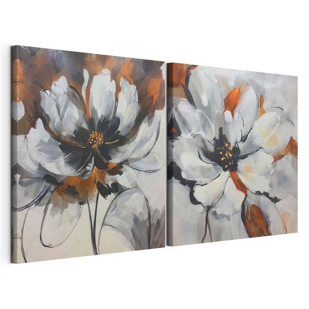 Par de flores pintadas, tela esticada e borda contínua