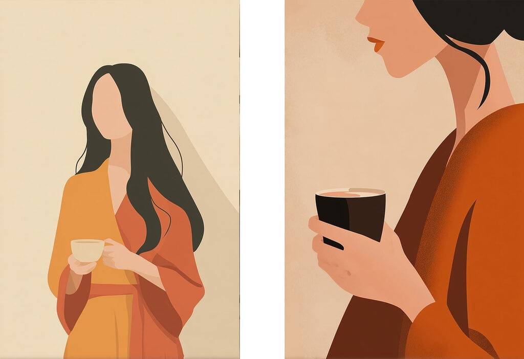 Duas mulheres com chávena — design completo