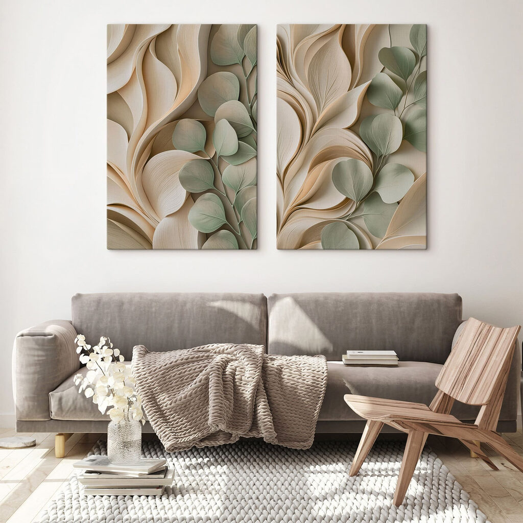 Folhas entre ondas suaves num interior