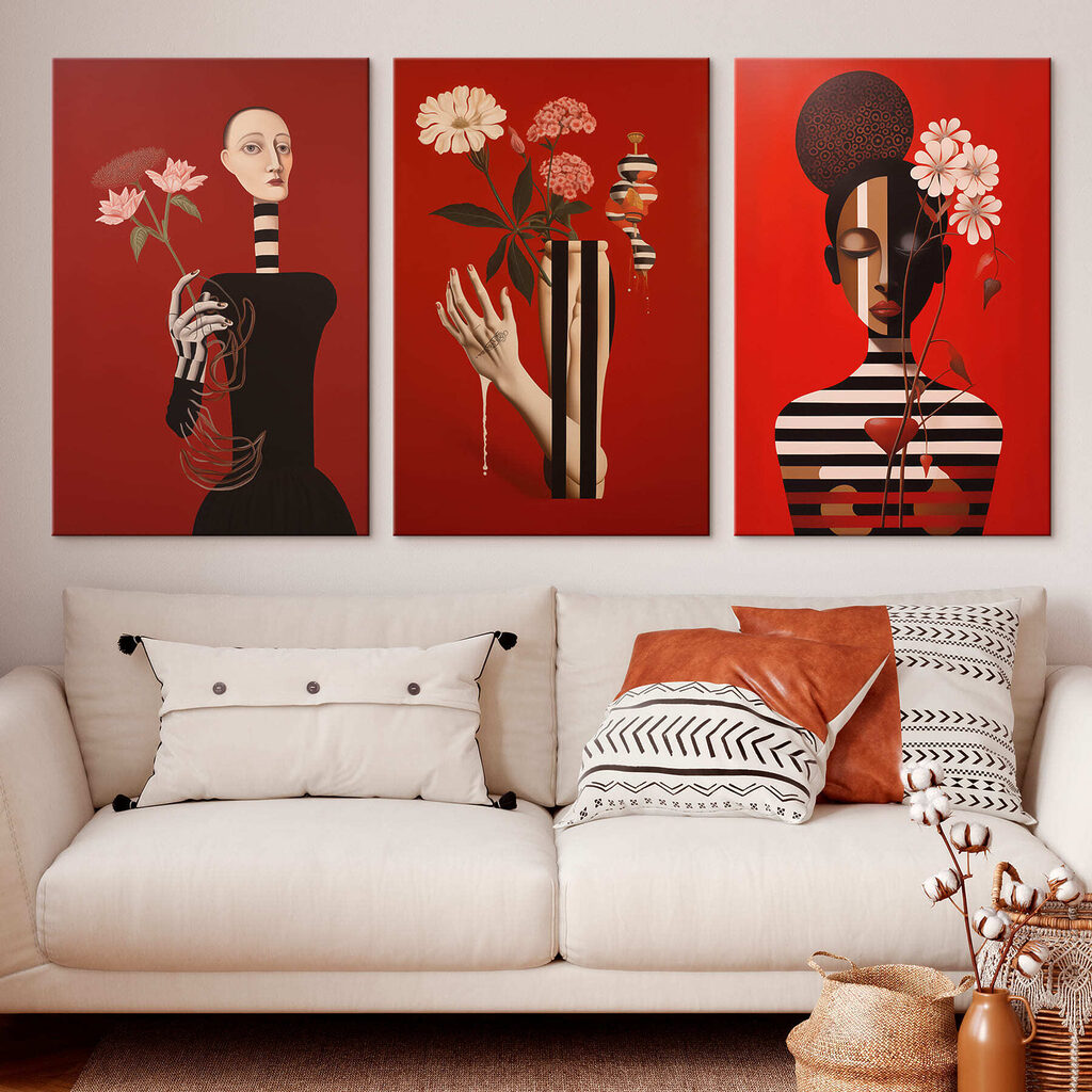 Figuras riscadas e flores num interior