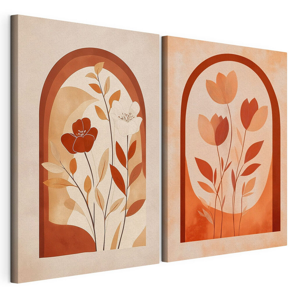 Pinturas florais e folhas, tela esticada e borda contínua