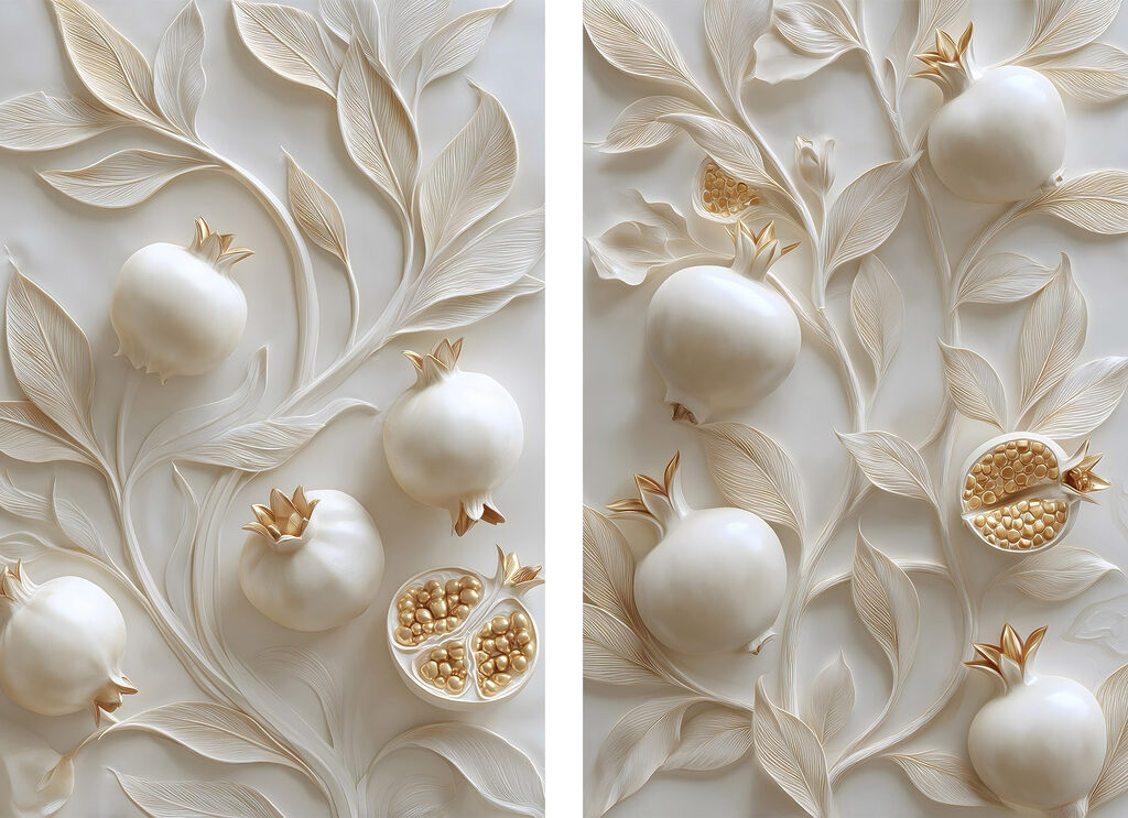 Romãs entre folhas brancas — design completo