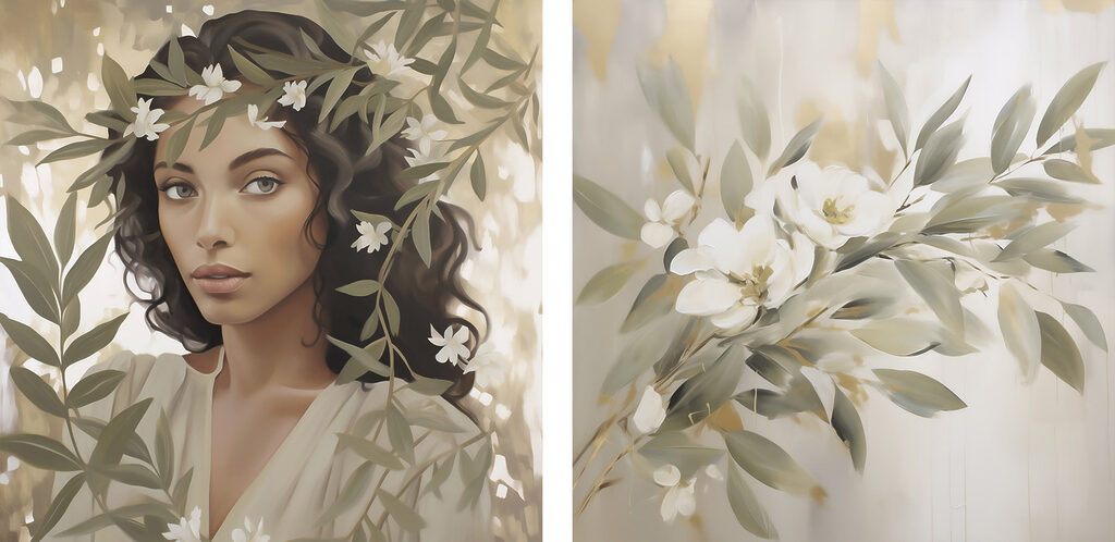 Mulher entre flores brancas — design completo