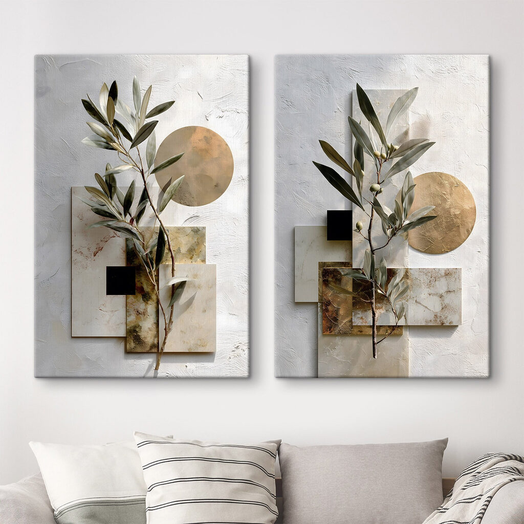 Folhas com sombras geométricas num interior