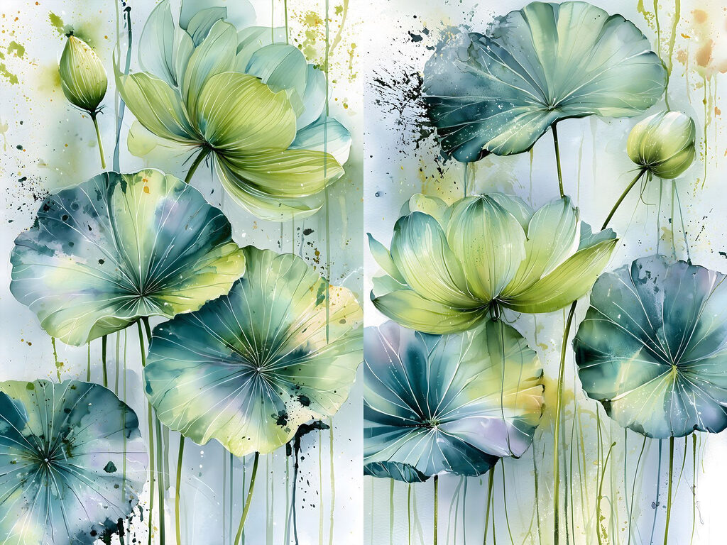 Flores verdes em aguarela — design completo