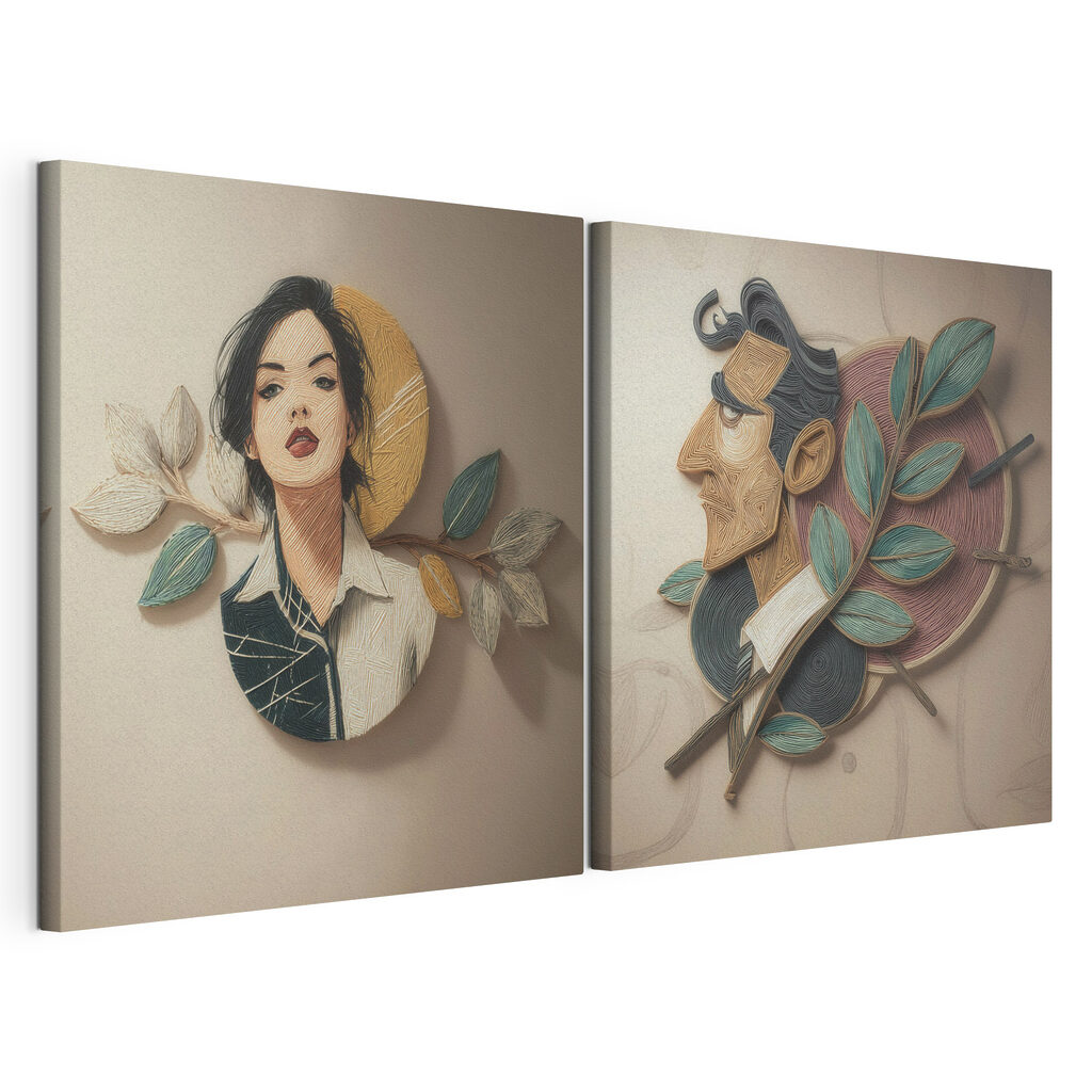 Retratos entre folhas, tela esticada e borda contínua