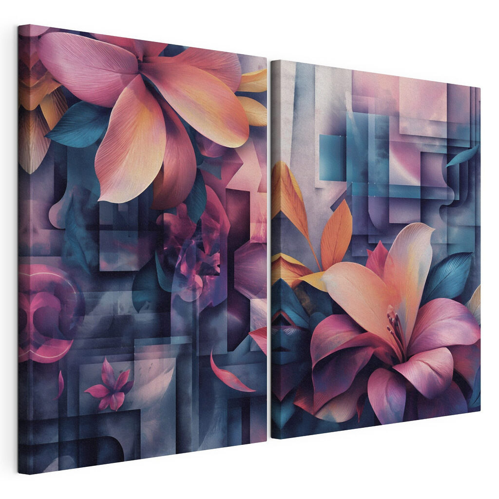 Flores entre mosaicos, tela esticada e borda contínua