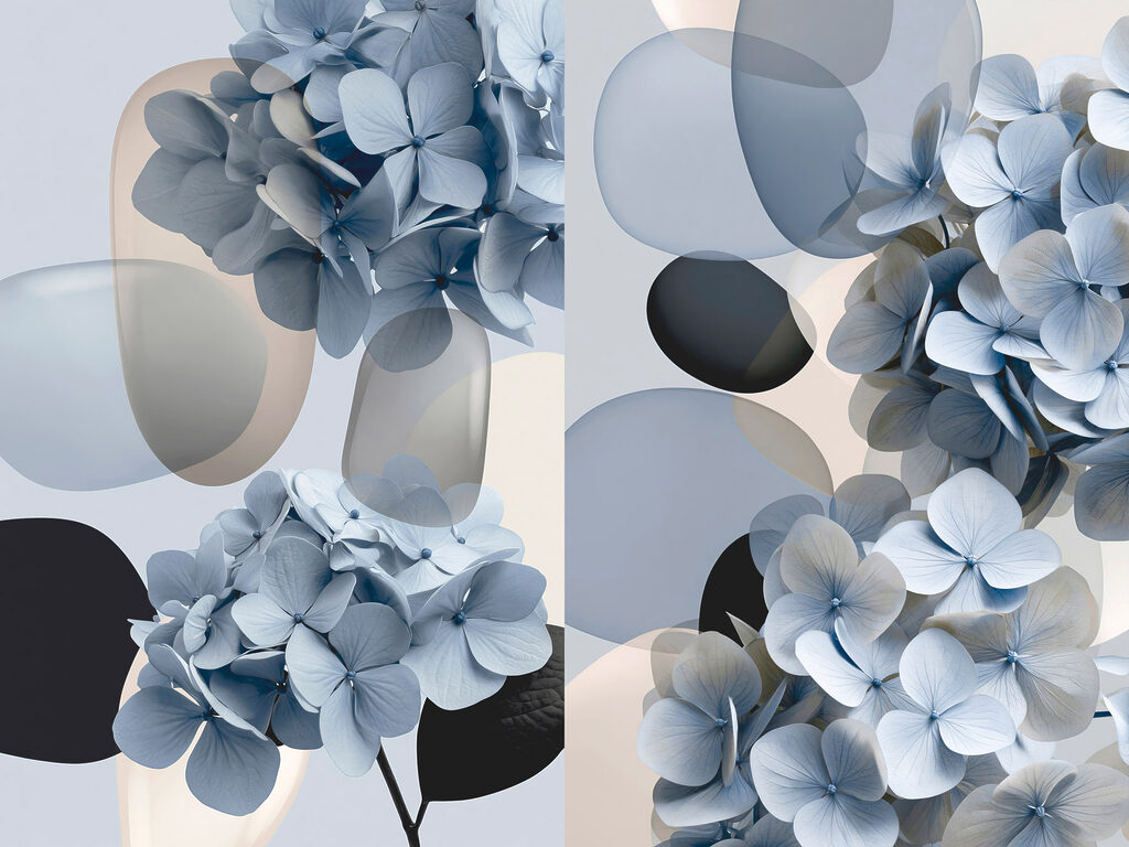 Cachos azuis entre círculos — design completo