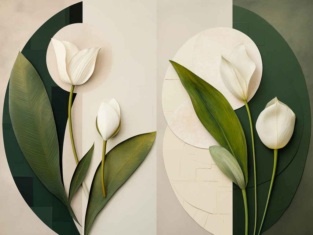 Tulipas brancas entre círculos — design completo