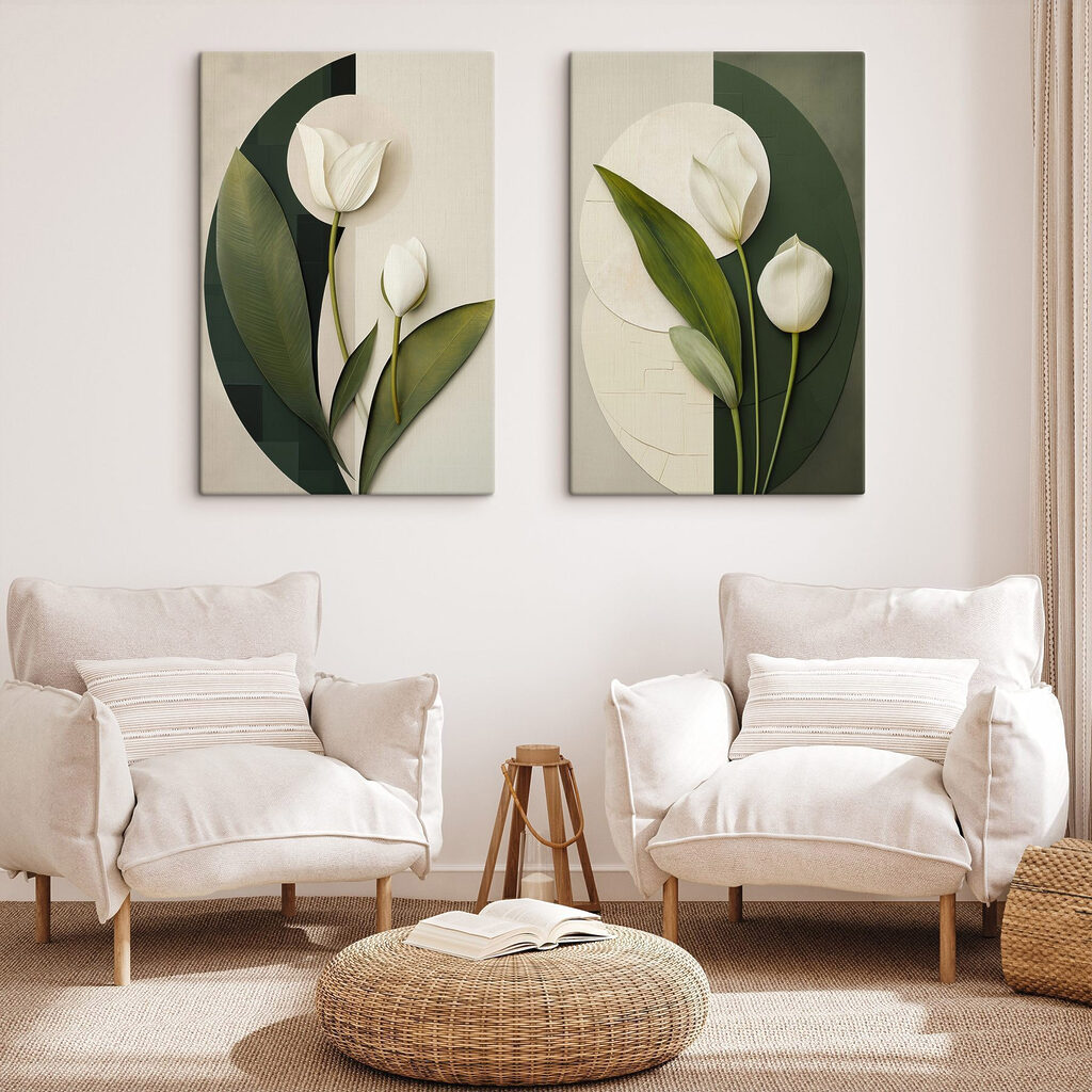 Tulipas brancas entre círculos num interior