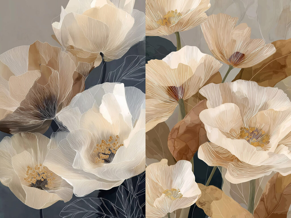 Flores creme sobre cinzento — design completo
