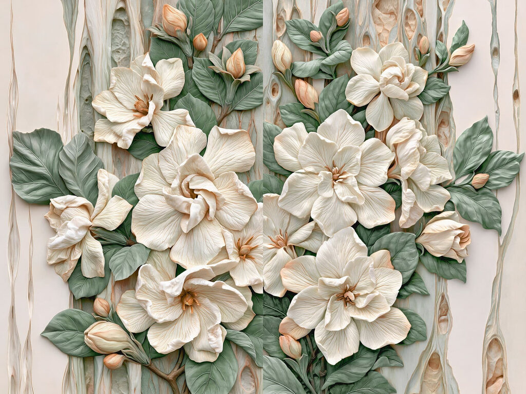 Flores brancas entre folhagem — design completo