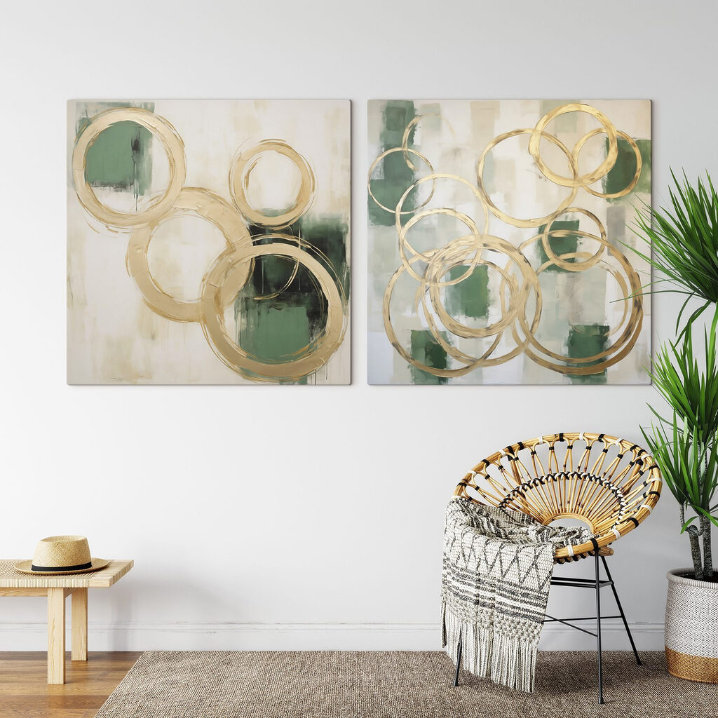 Anéis dourados sobre verde — interior 1
