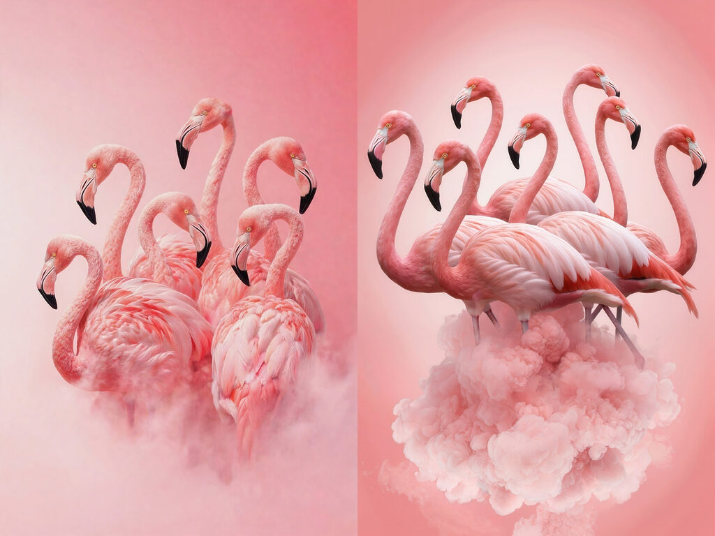 Flamingos nas nuvens — design completo