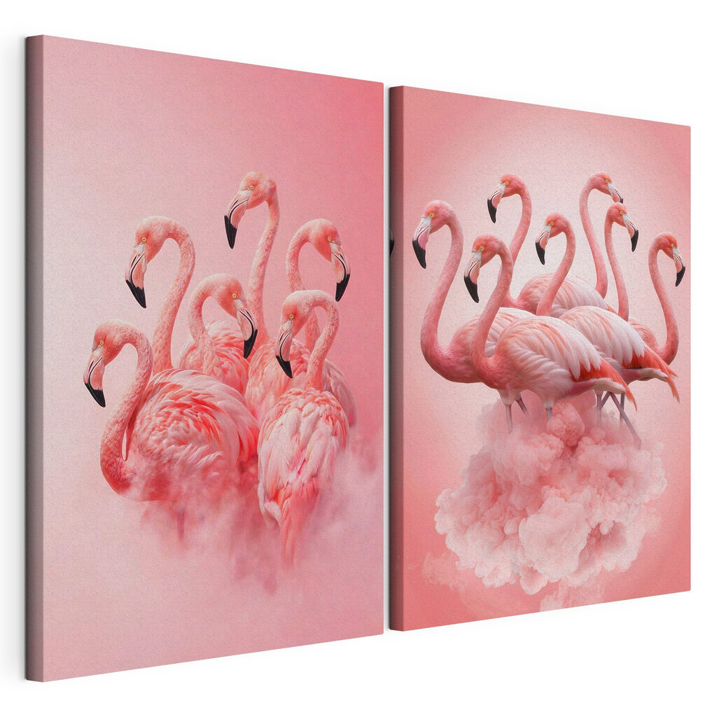 Flamingos nas nuvens, tela esticada e borda contínua