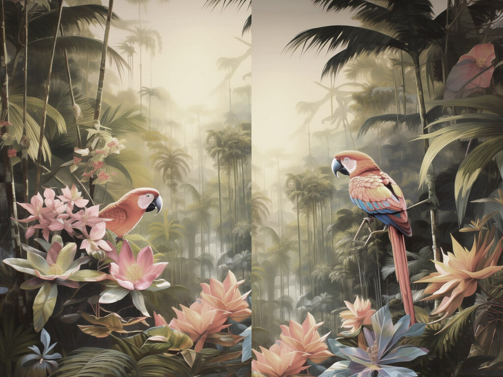Papagaios entre folhagem tropical — design completo