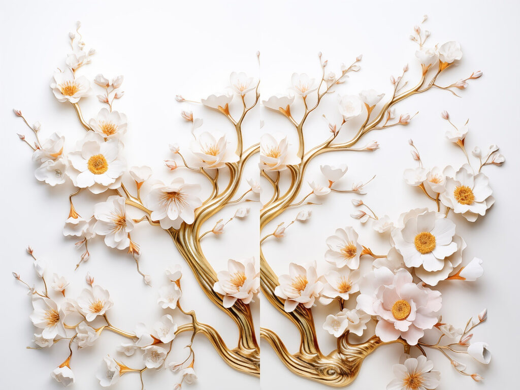 Flores em ramos dourados — design completo