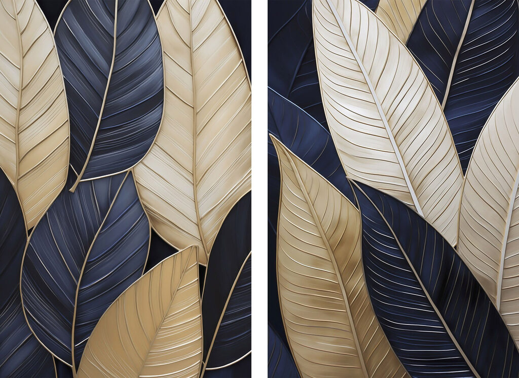 Folhas azul-noite com dourado — design completo