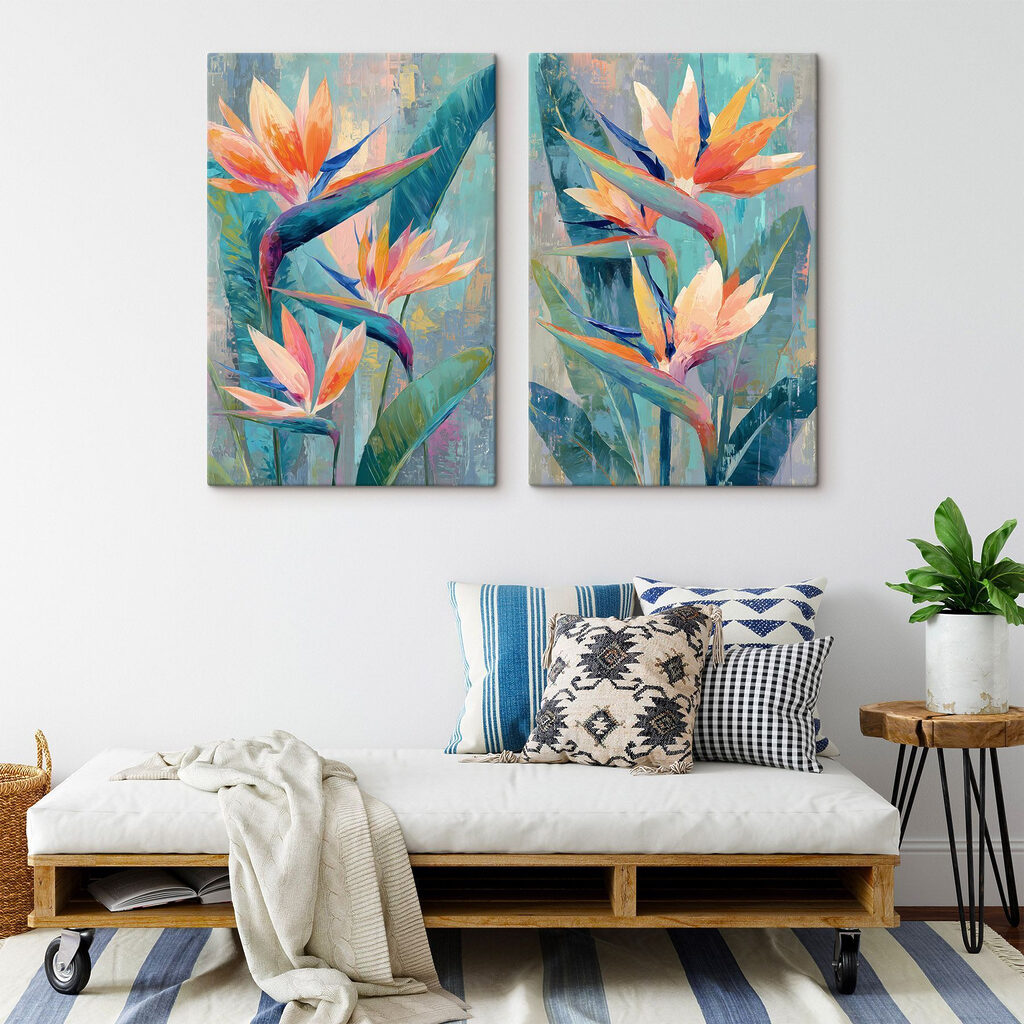 Flores tropicais em pinceladas num interior