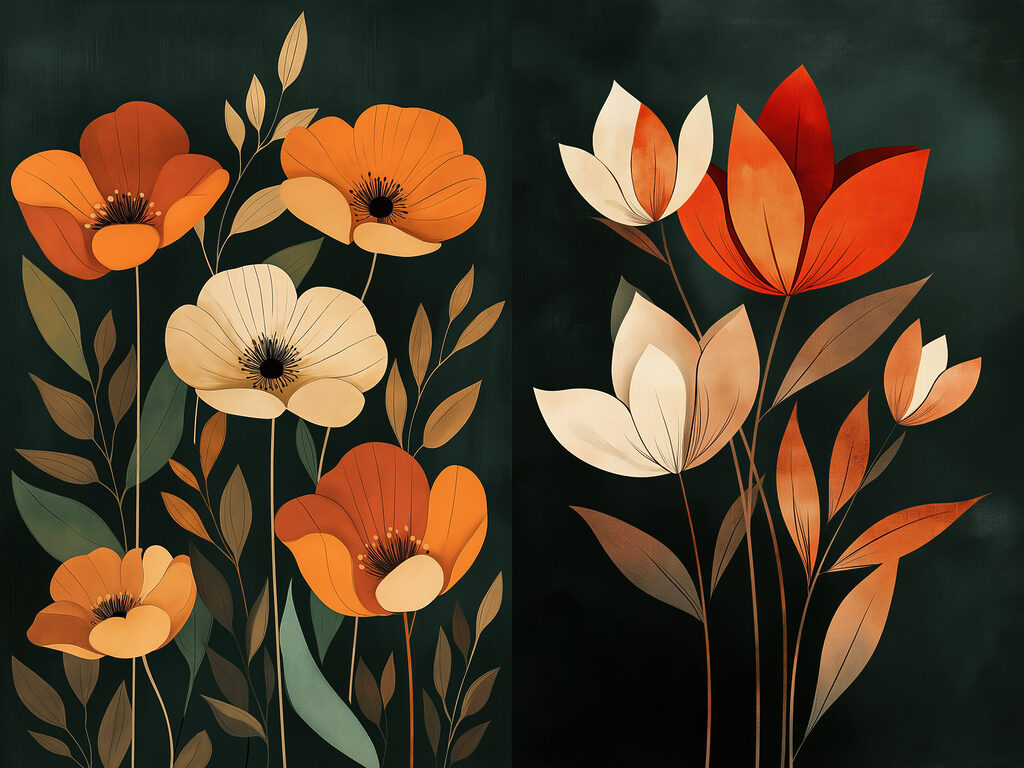 Flores sobre verde-escuro — design completo