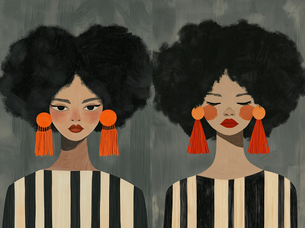 Retratos com brincos laranja — design completo