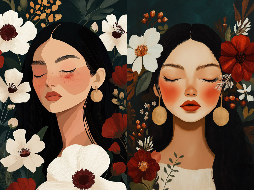 Flores junto às faces — design completo