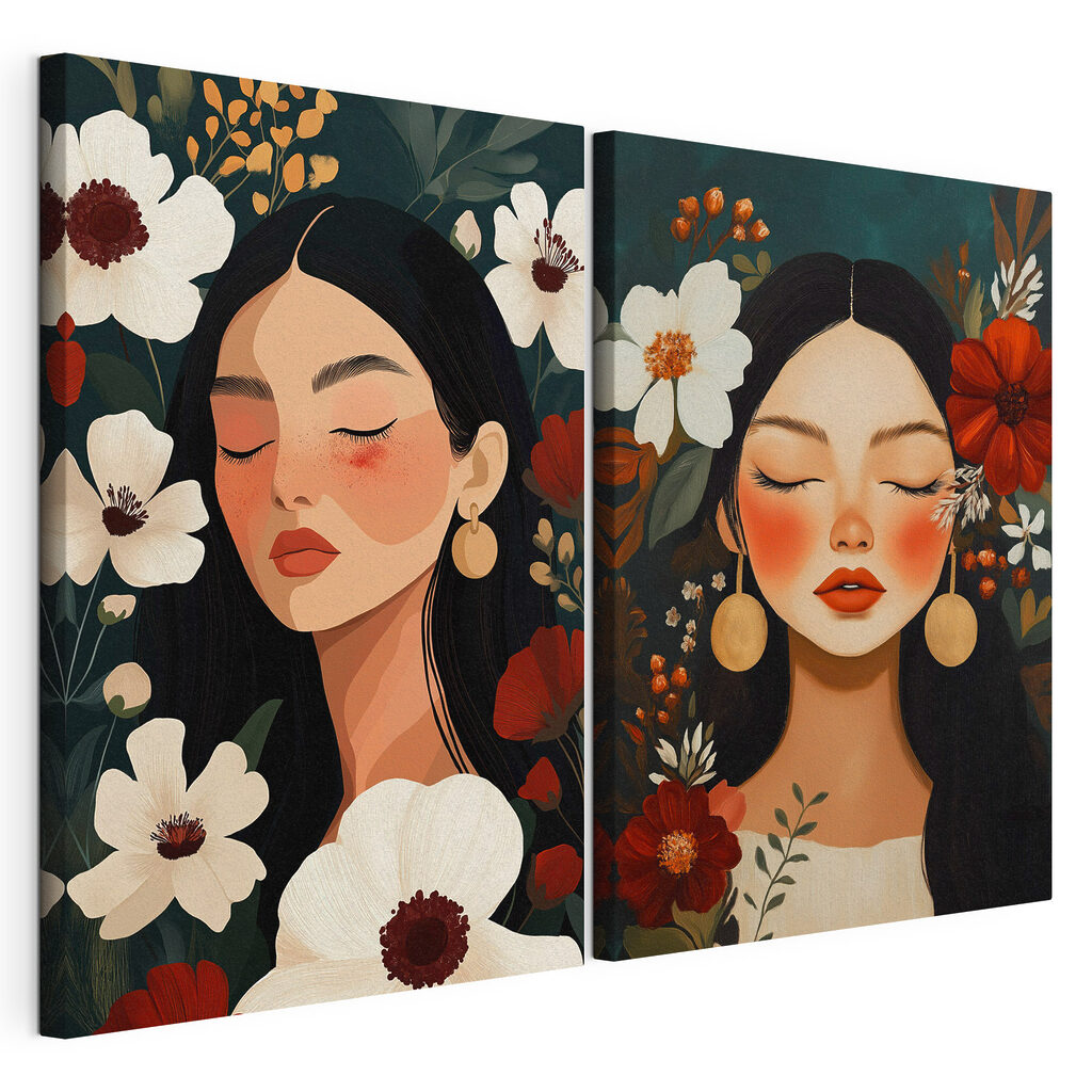 Flores junto às faces, tela esticada e borda contínua