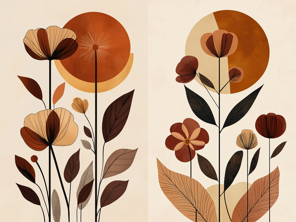 Flores sob sóis laranja — design completo