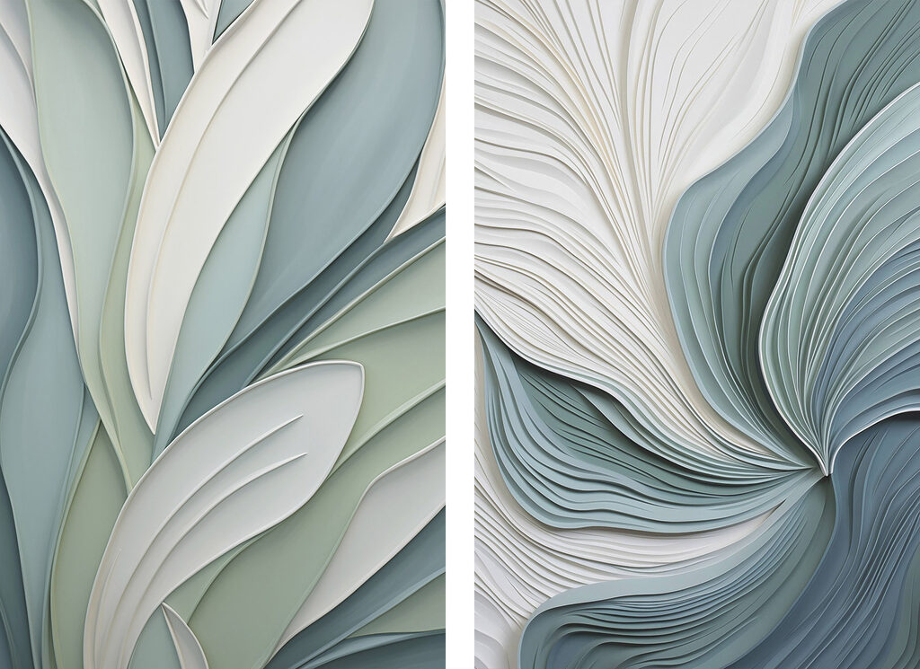 Folhas sobre ondas azul-esverdeadas — design completo