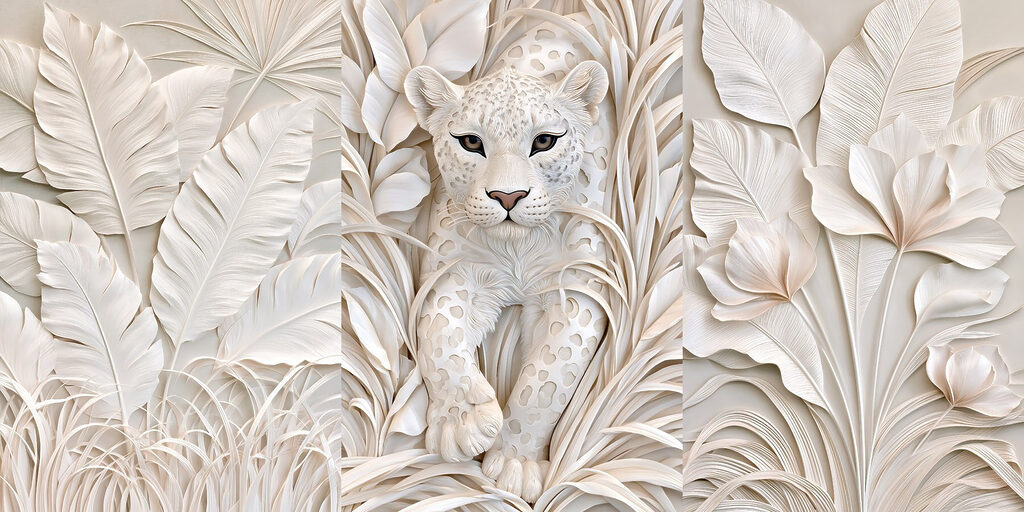 Tigre branco entre folhas — design completo