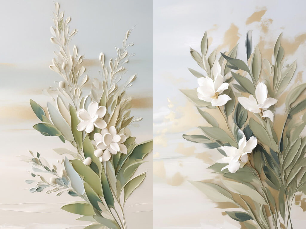 Flores brancas sobre verde-salva — design completo