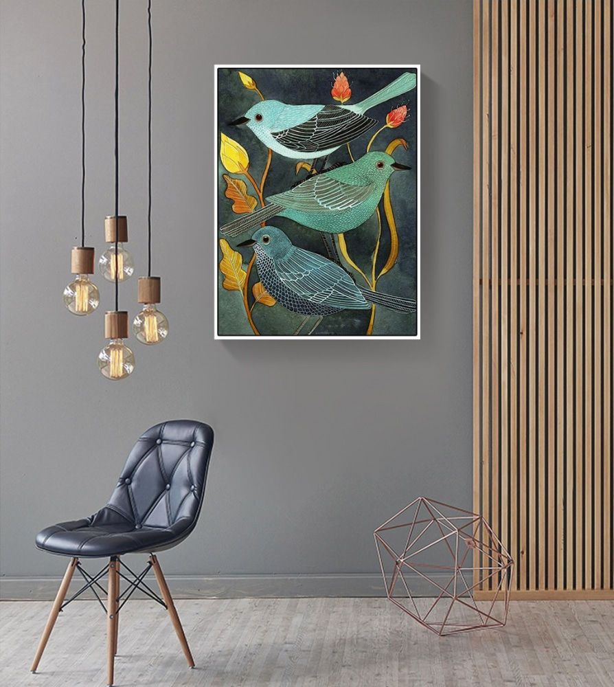 Três pássaros entre flores — interior 3