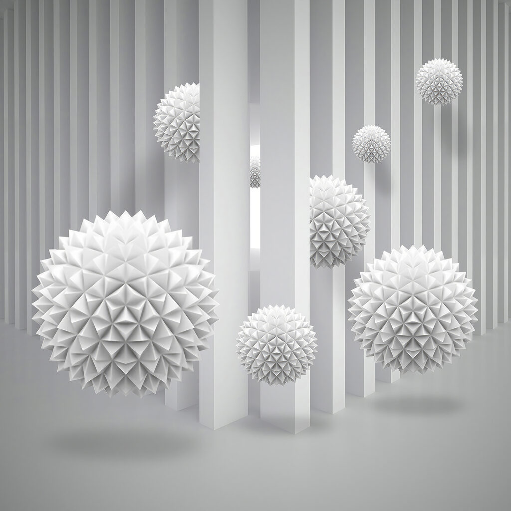 Esferas brancas entre colunas — design completo