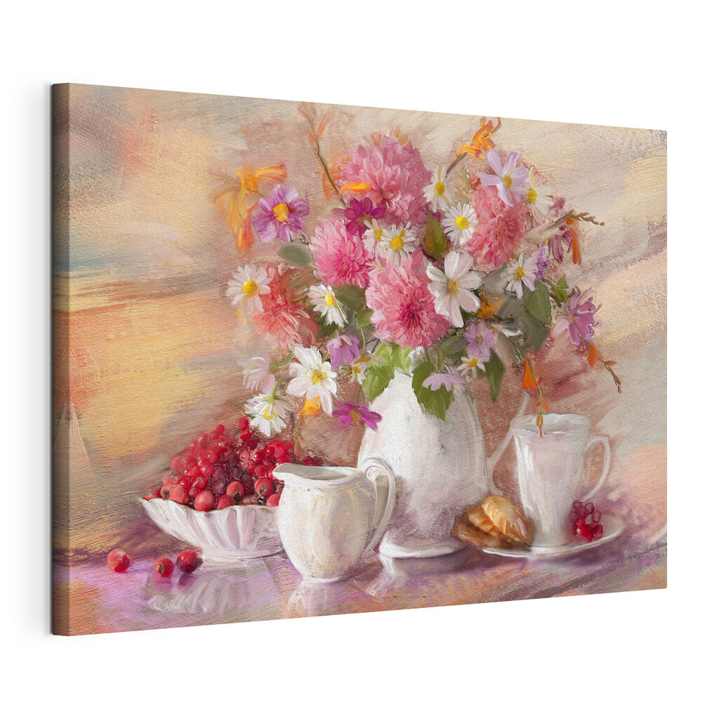 Flores com fruta, tela esticada e borda contínua