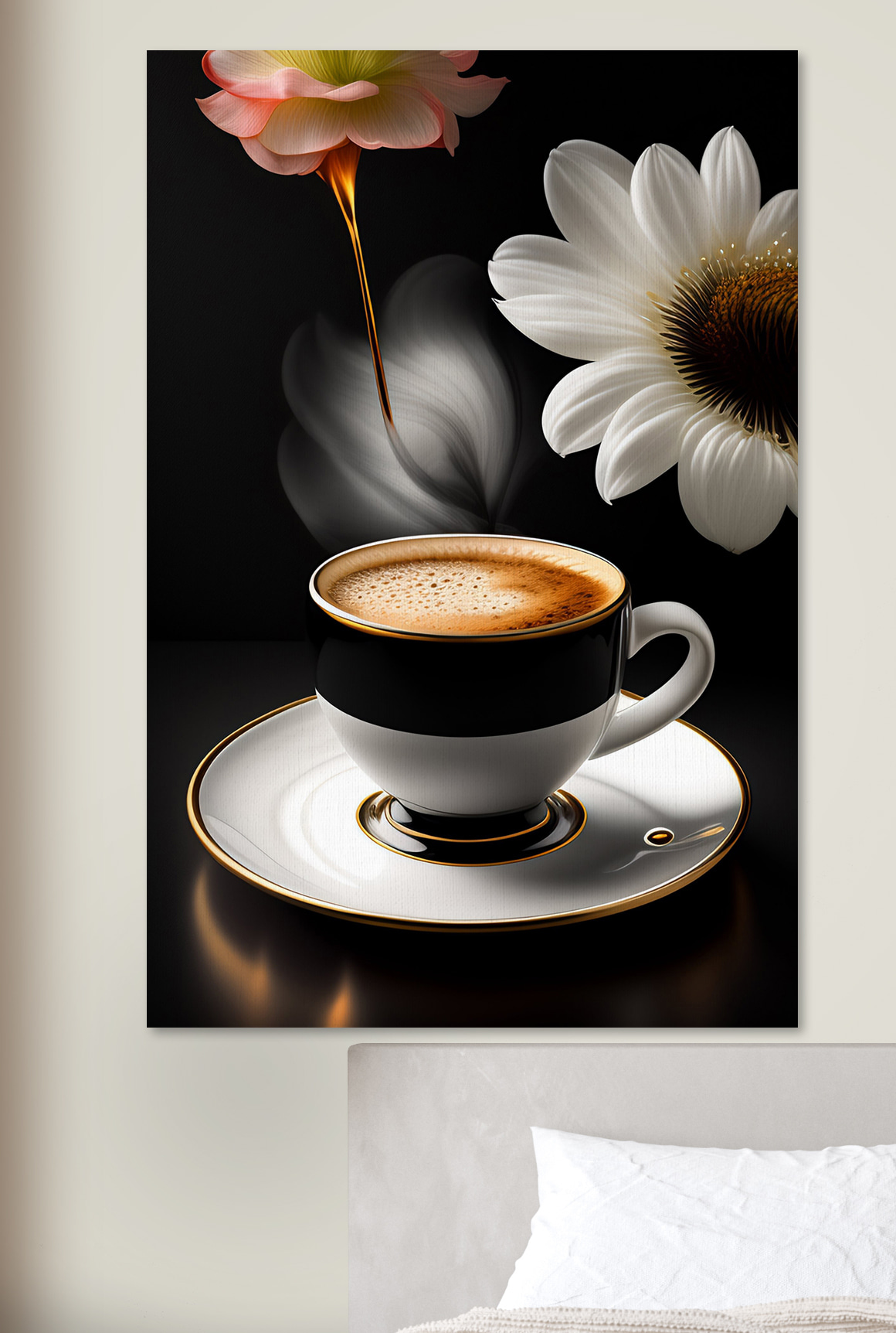 Café preto e flores num interior
