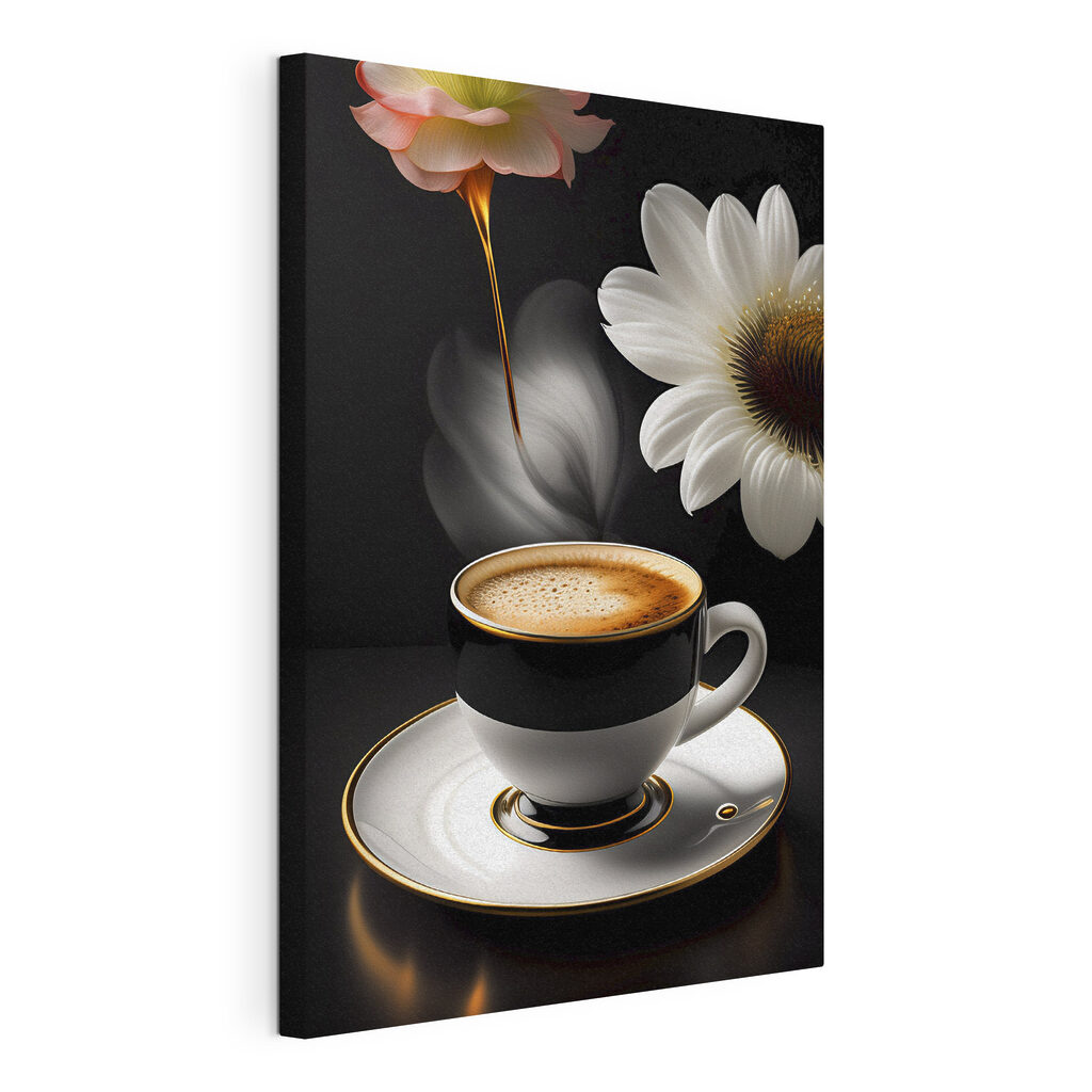 Café preto e flores, tela esticada e borda contínua