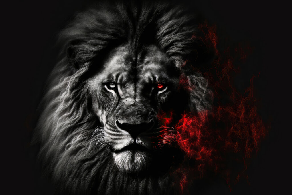 Leão em brilho vermelho — design completo