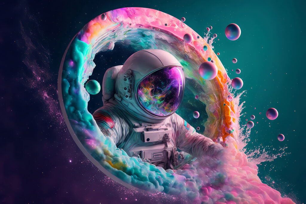 Astronauta em névoa colorida — design completo