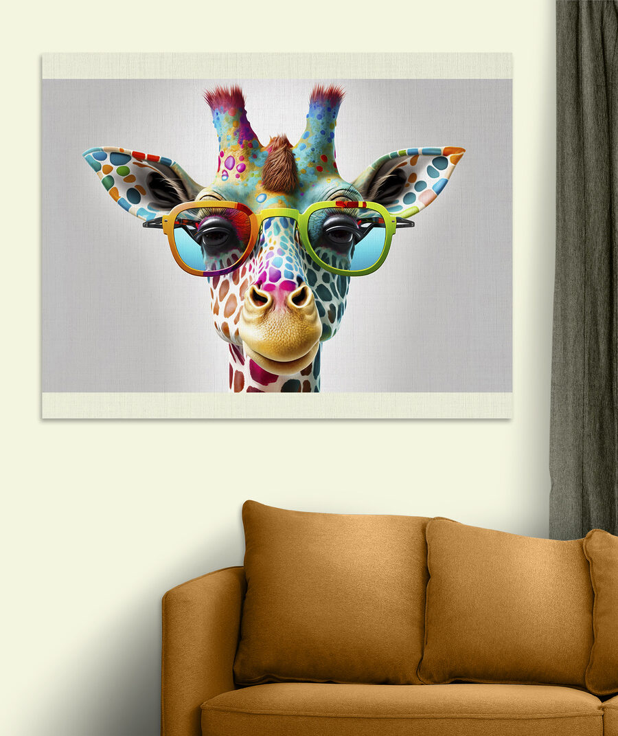 Girafa com óculos num interior