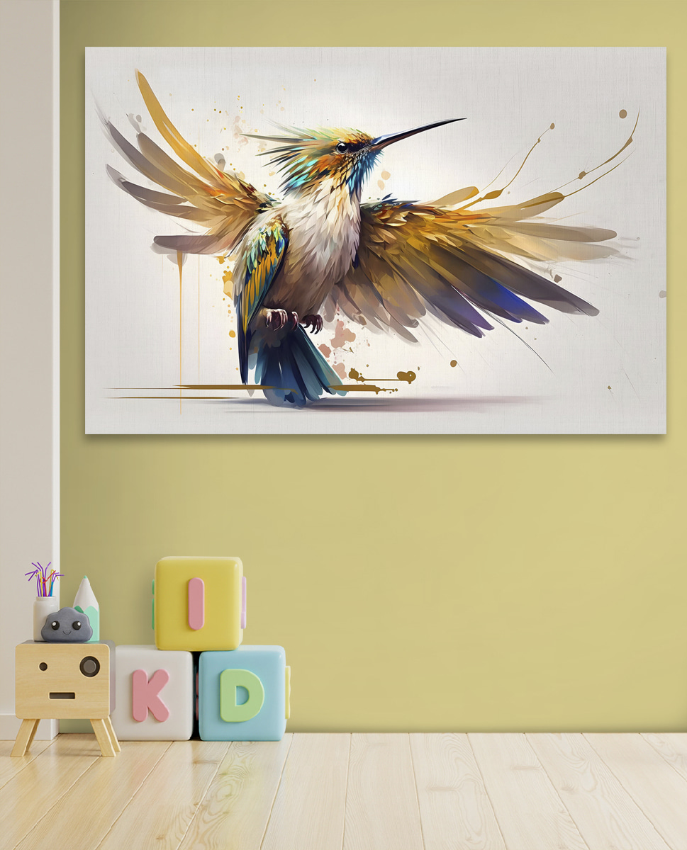 Colibri de asas abertas num interior