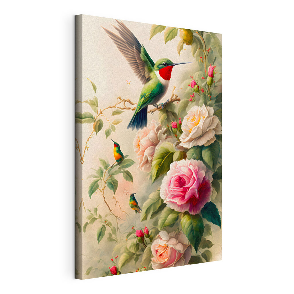 Colibri junto às rosas, tela esticada e borda contínua