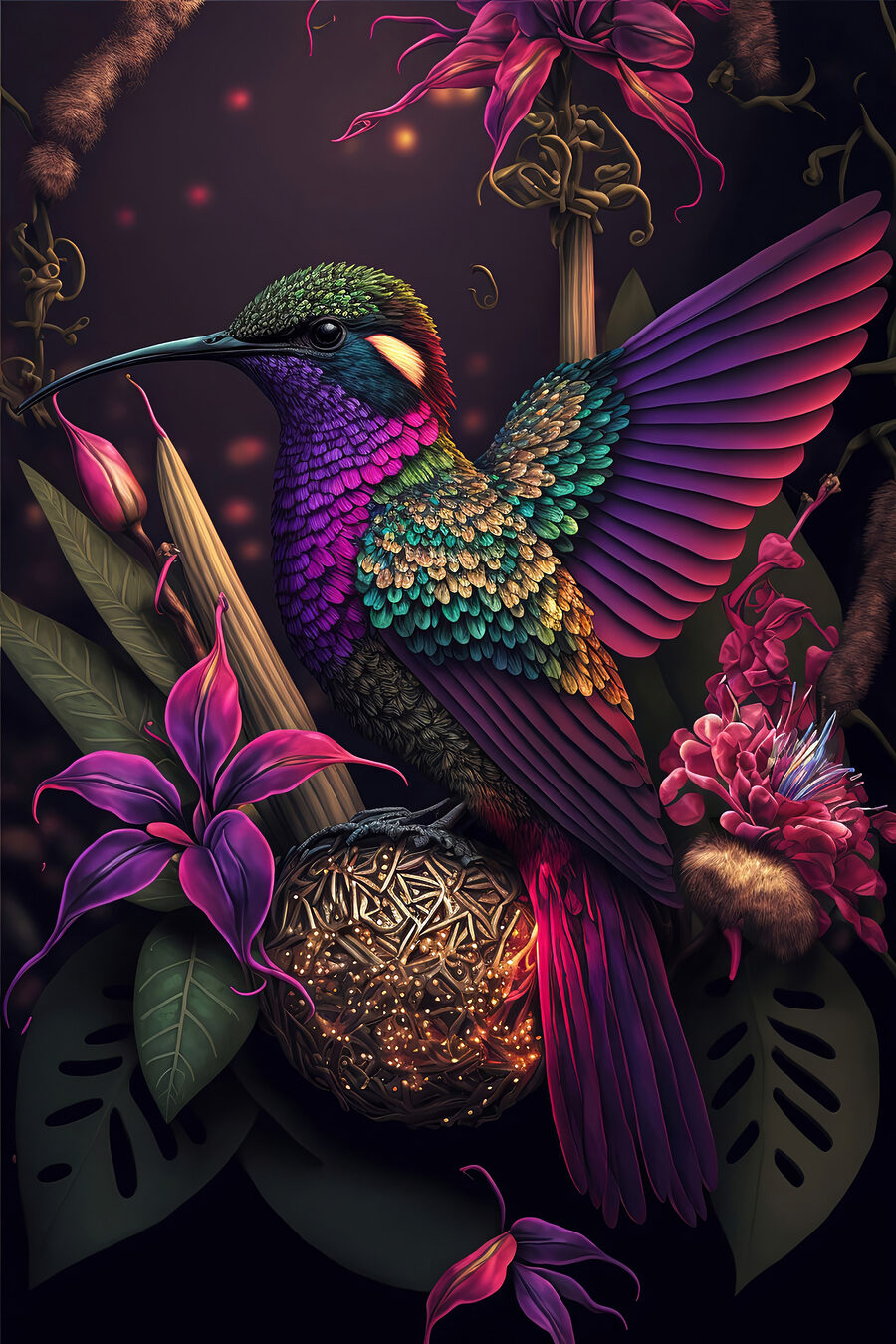 Colibri entre flores escuras — design completo