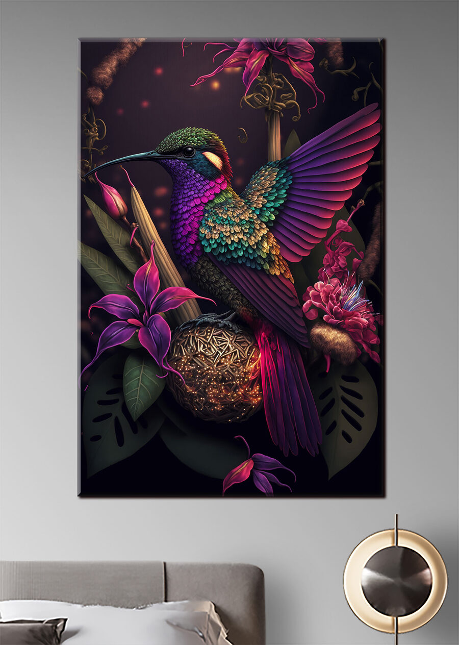 Colibri entre flores escuras num interior